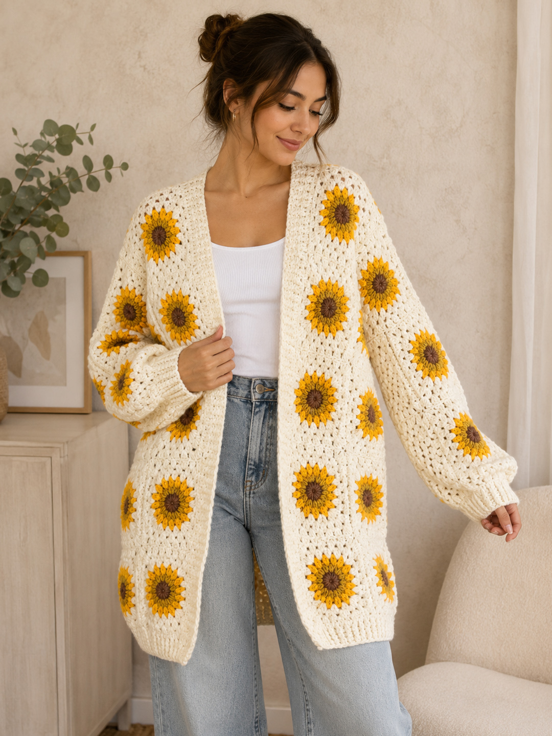Velvery Crochet Sunflower Granny Square Cardigan - Cream