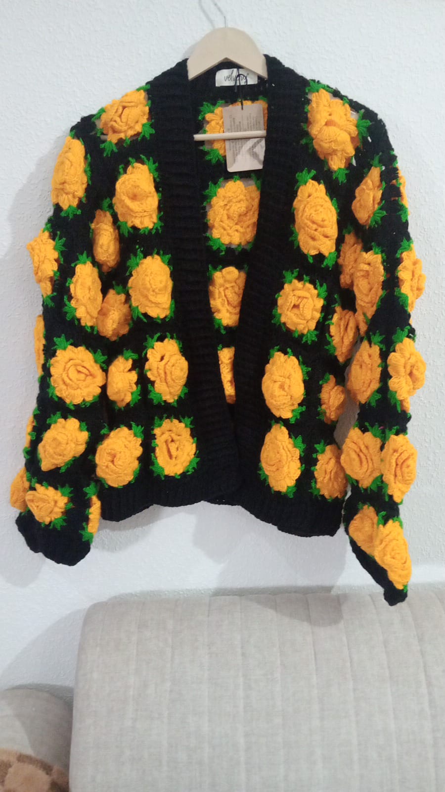 Velvery Crochet Yellow Floral Detailed Cardigan - Black