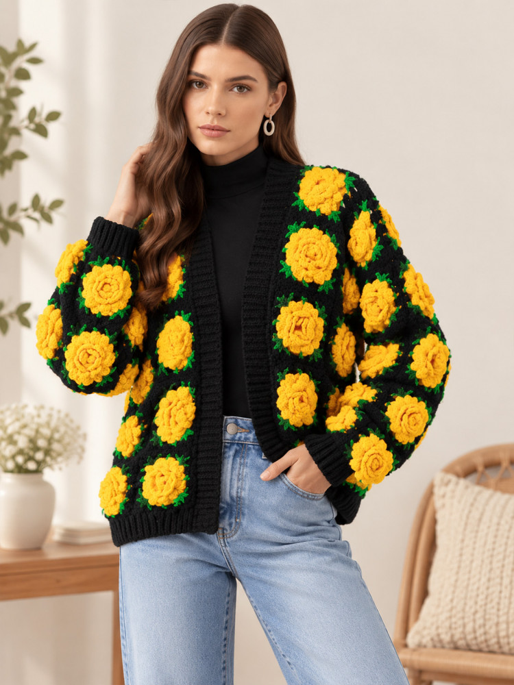 Image of Velvery Crochet Yellow Floral Detailed Cardigan - Black