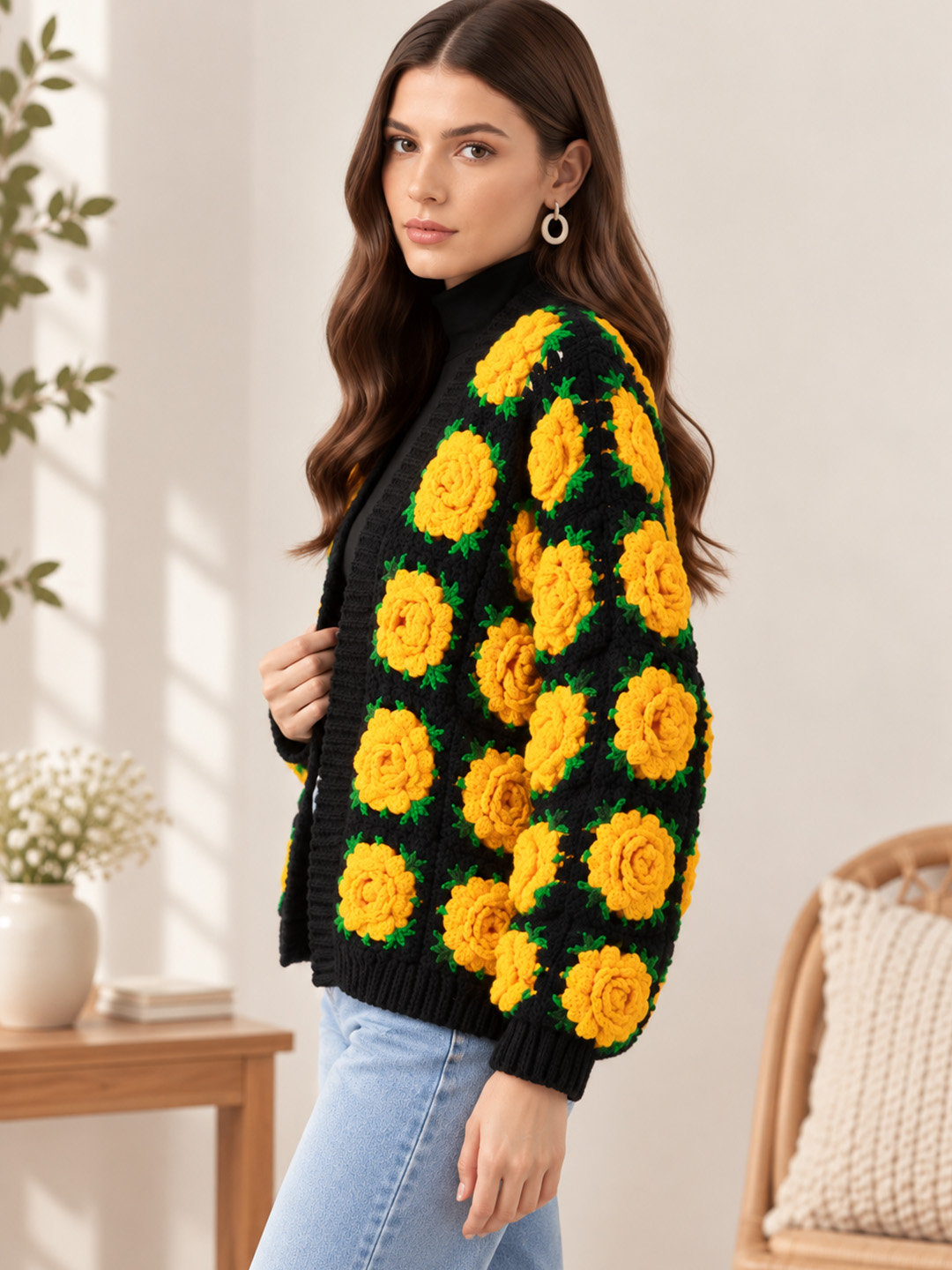 Velvery Crochet Yellow Floral Detailed Cardigan - Black