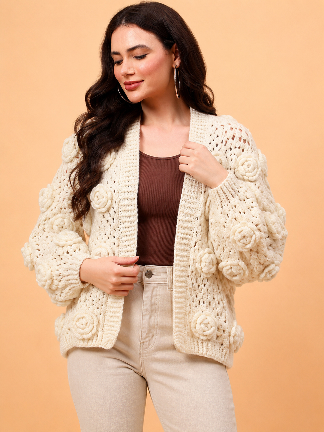 Velvery Crochet Floral Detailed Cardigan - Cream