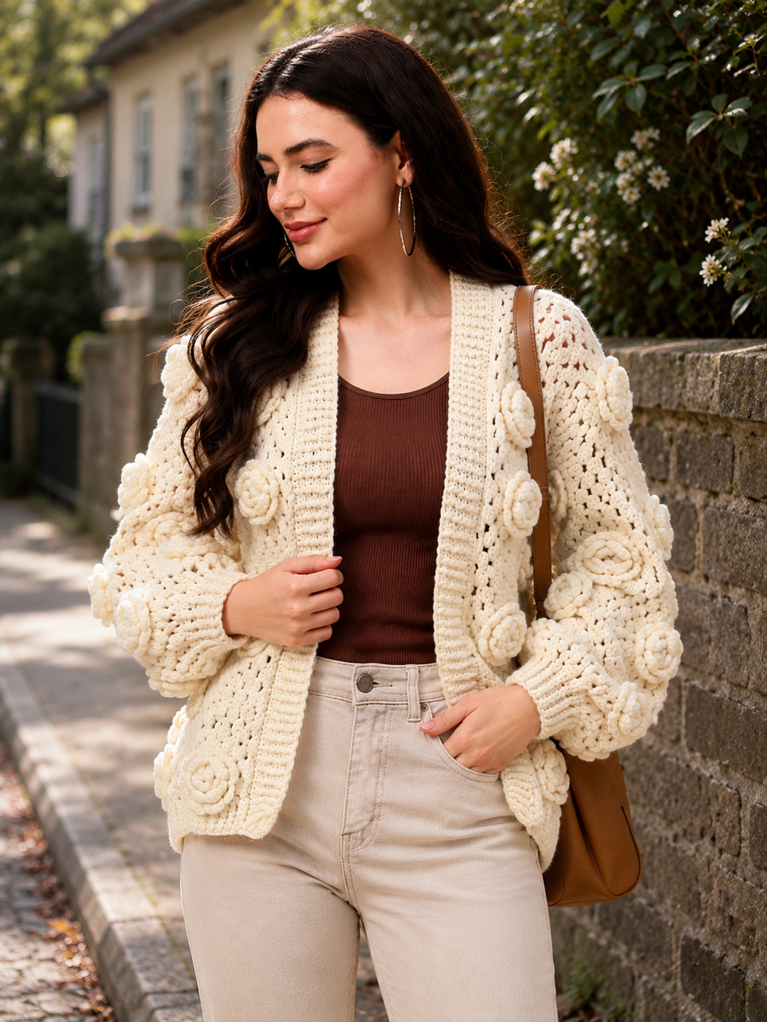 Velvery Crochet Floral Detailed Cardigan - Cream