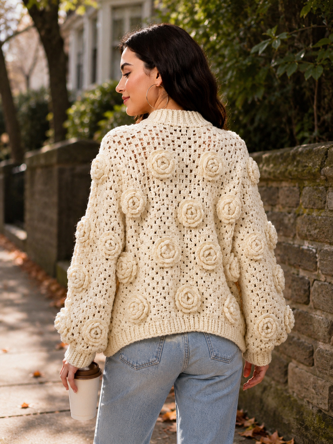Velvery Crochet Floral Detailed Cardigan - Cream