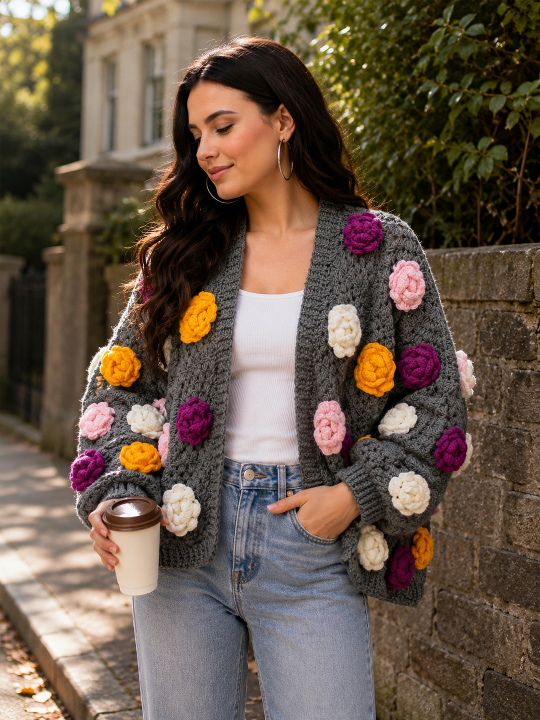 Velvery Crochet Colorful Floral Applique Cardigan - Dark Grey