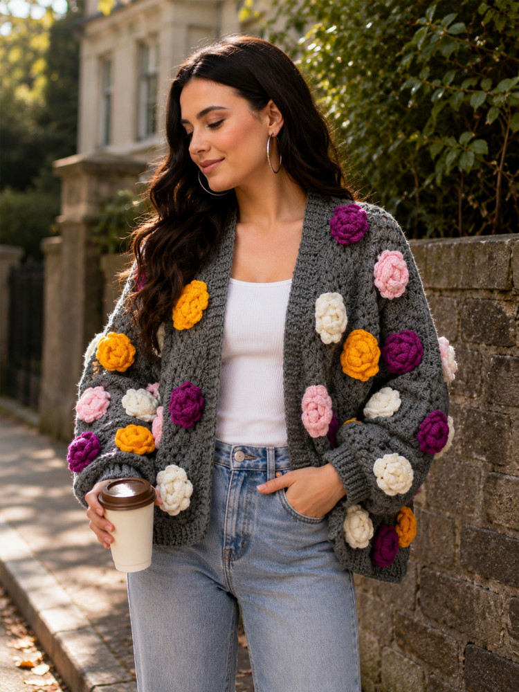 Image of Velvery Crochet Colorful Floral Applique Cardigan - Dark Grey
