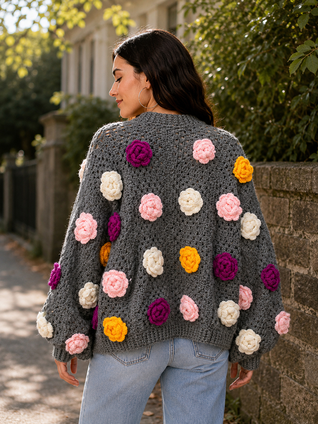 Velvery Crochet Colorful Floral Applique Cardigan - Dark Grey