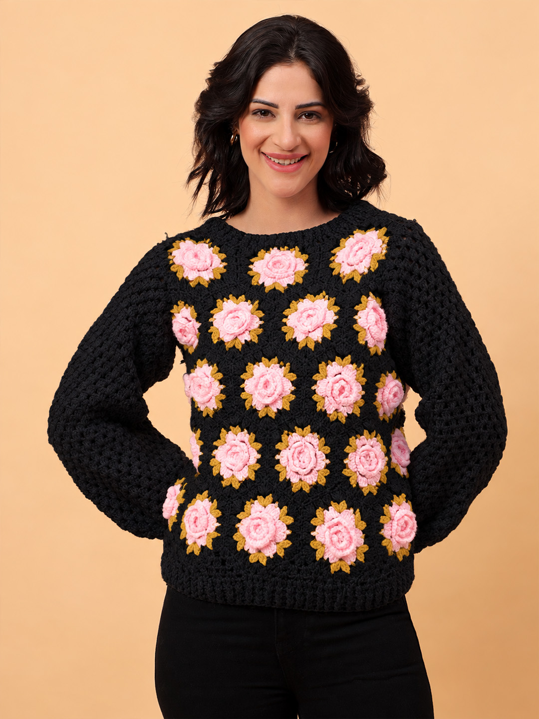 Velvery Crochet Pink Floral Pullover Sweater - Black