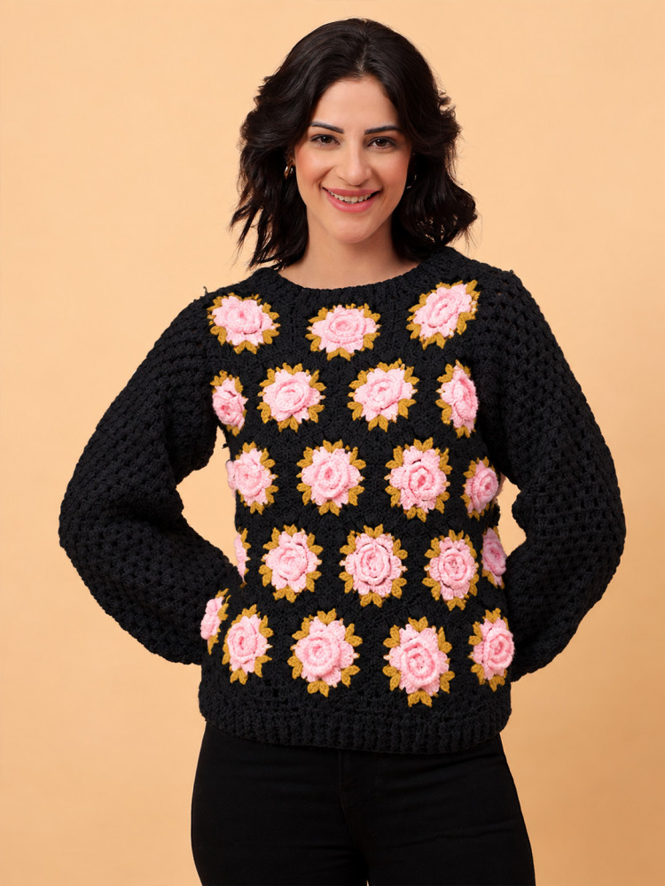 Image of Velvery Crochet Pink Floral Pullover Sweater - Black