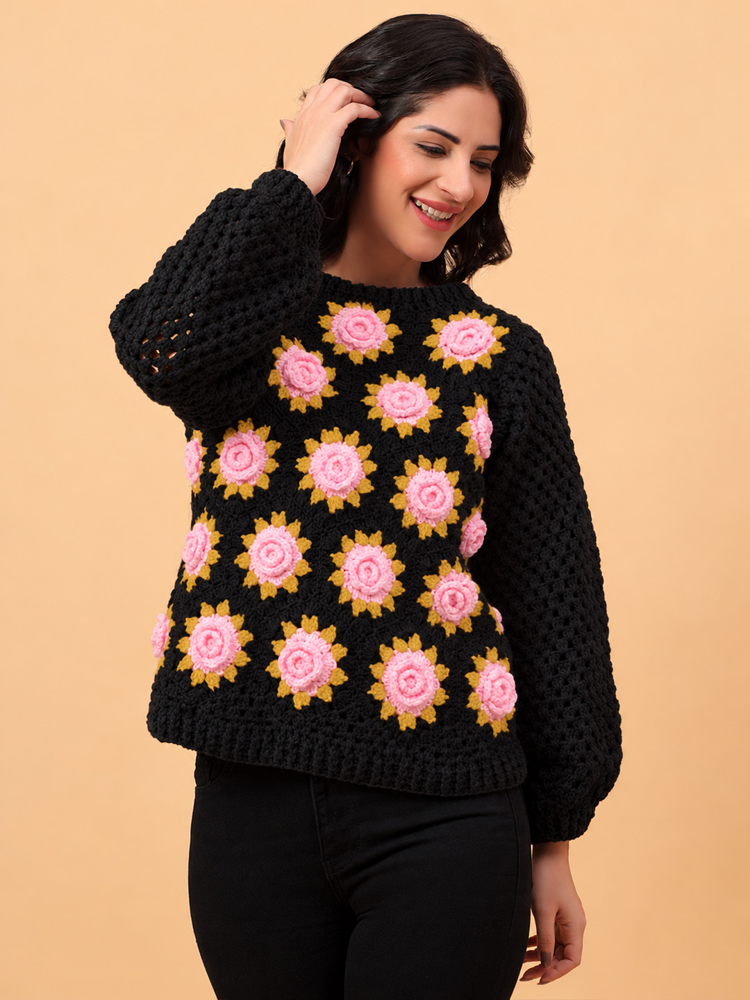 Velvery Crochet Pink Floral Pullover Sweater - Black