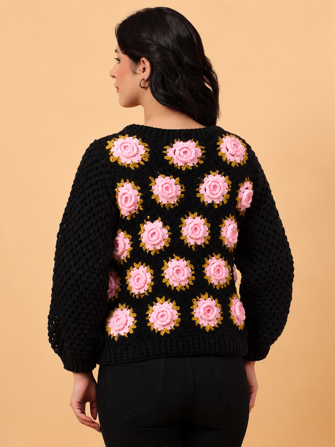 Velvery Crochet Pink Floral Pullover Sweater - Black