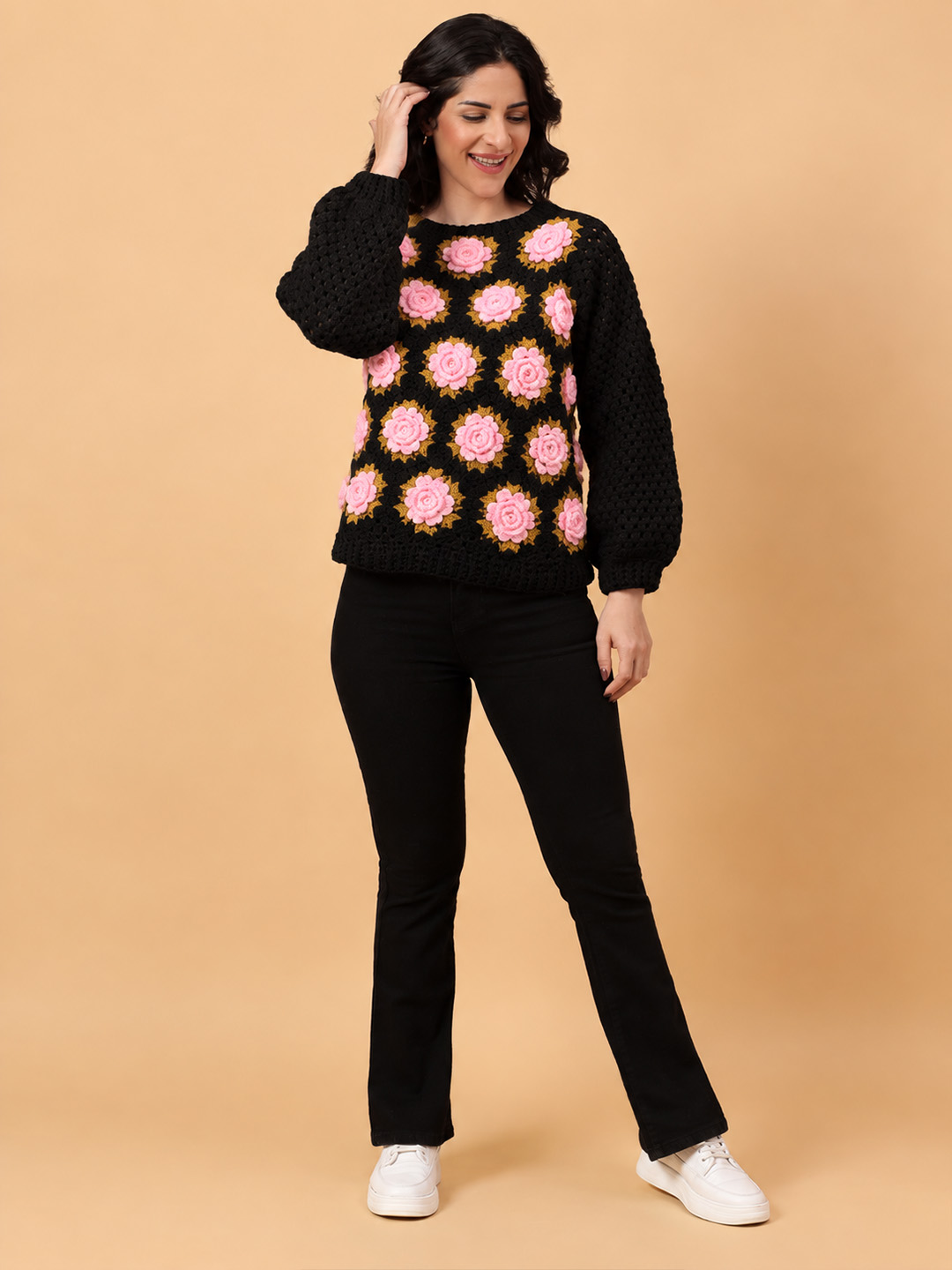 Velvery Crochet Pink Floral Pullover Sweater - Black