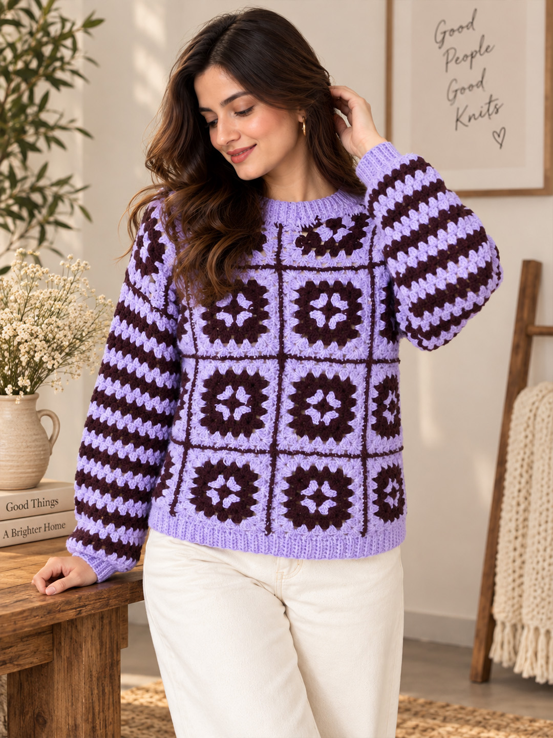 Velvery Crochet Granny Square & Striped Pullover Sweater - Lavender