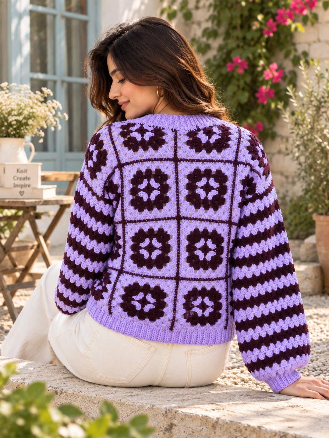Velvery Crochet Granny Square & Striped Pullover Sweater - Lavender