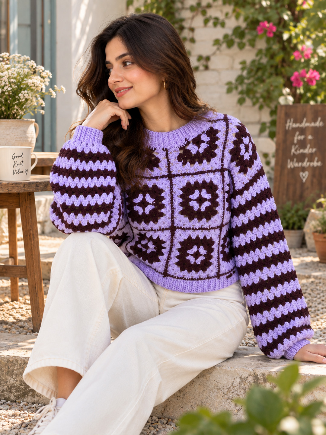 Velvery Crochet Granny Square & Striped Pullover Sweater - Lavender