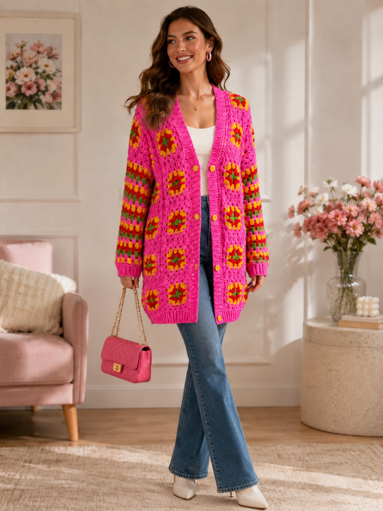 Image of Velvery Crochet Granny Square &amp; Striped Long Cardigan - Pink