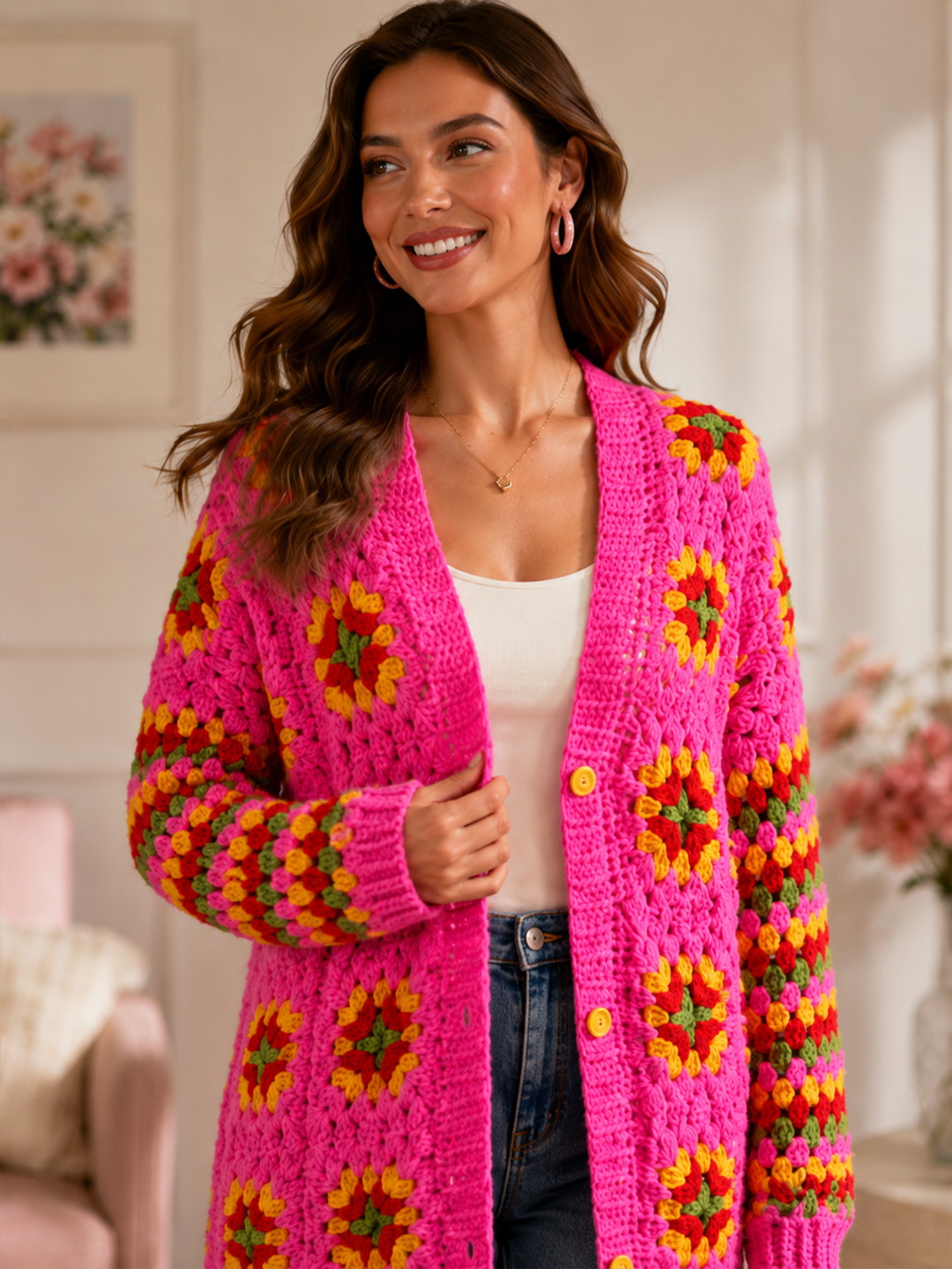 Velvery Crochet Granny Square & Striped Long Cardigan - Pink