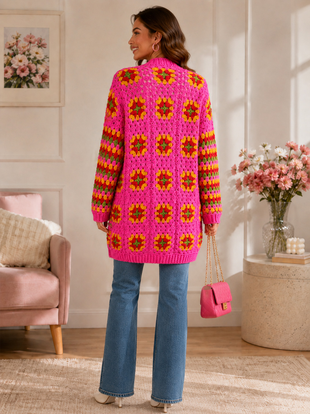 Velvery Crochet Granny Square & Striped Long Cardigan - Pink