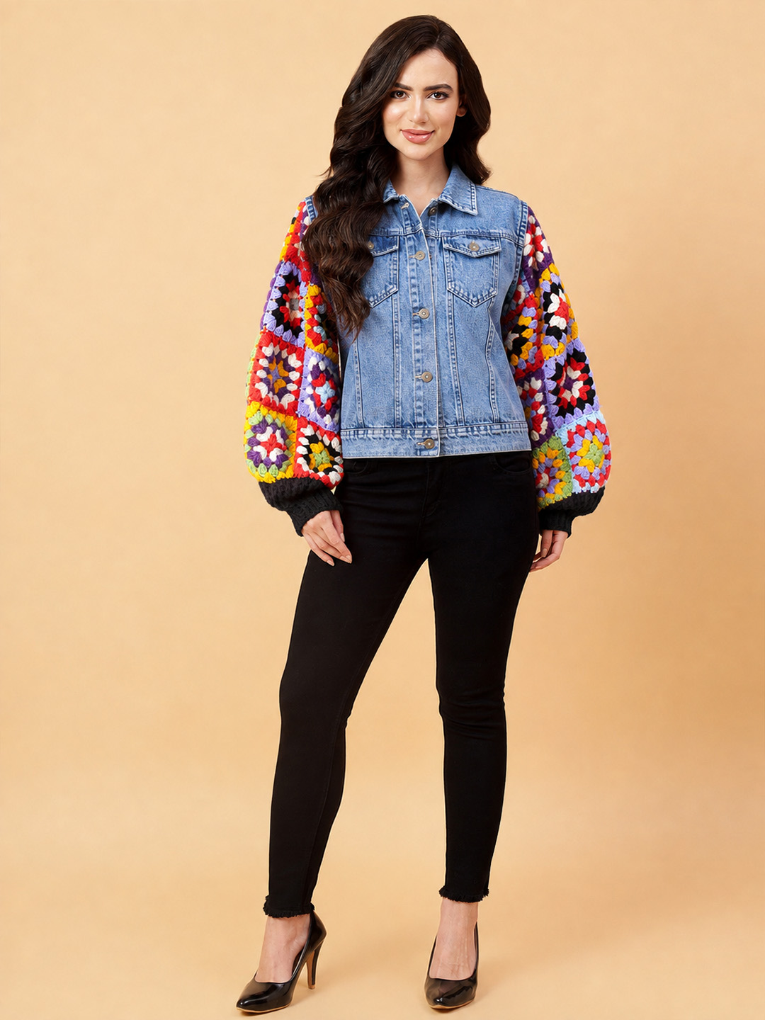 Velvery Denim Crochet Granny Square Jacket - Blue