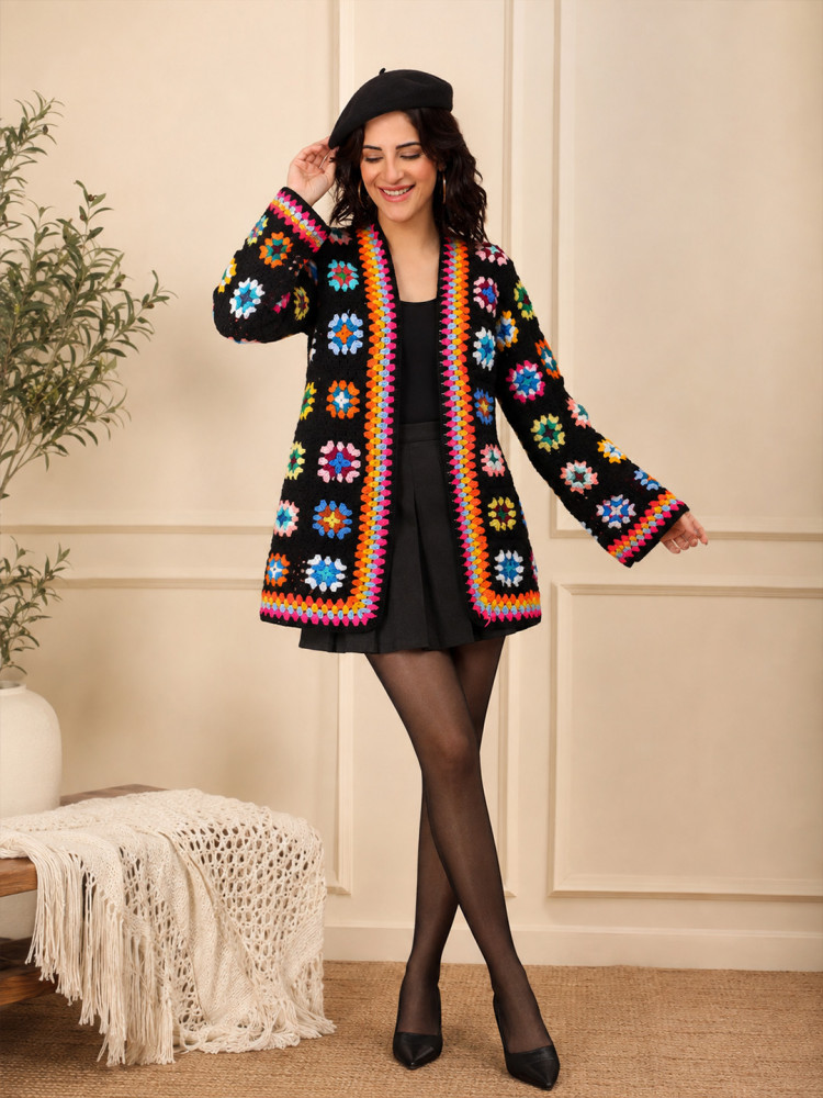 Image of Velvery Crochet Granny Square Long Cardigan - Multicolor