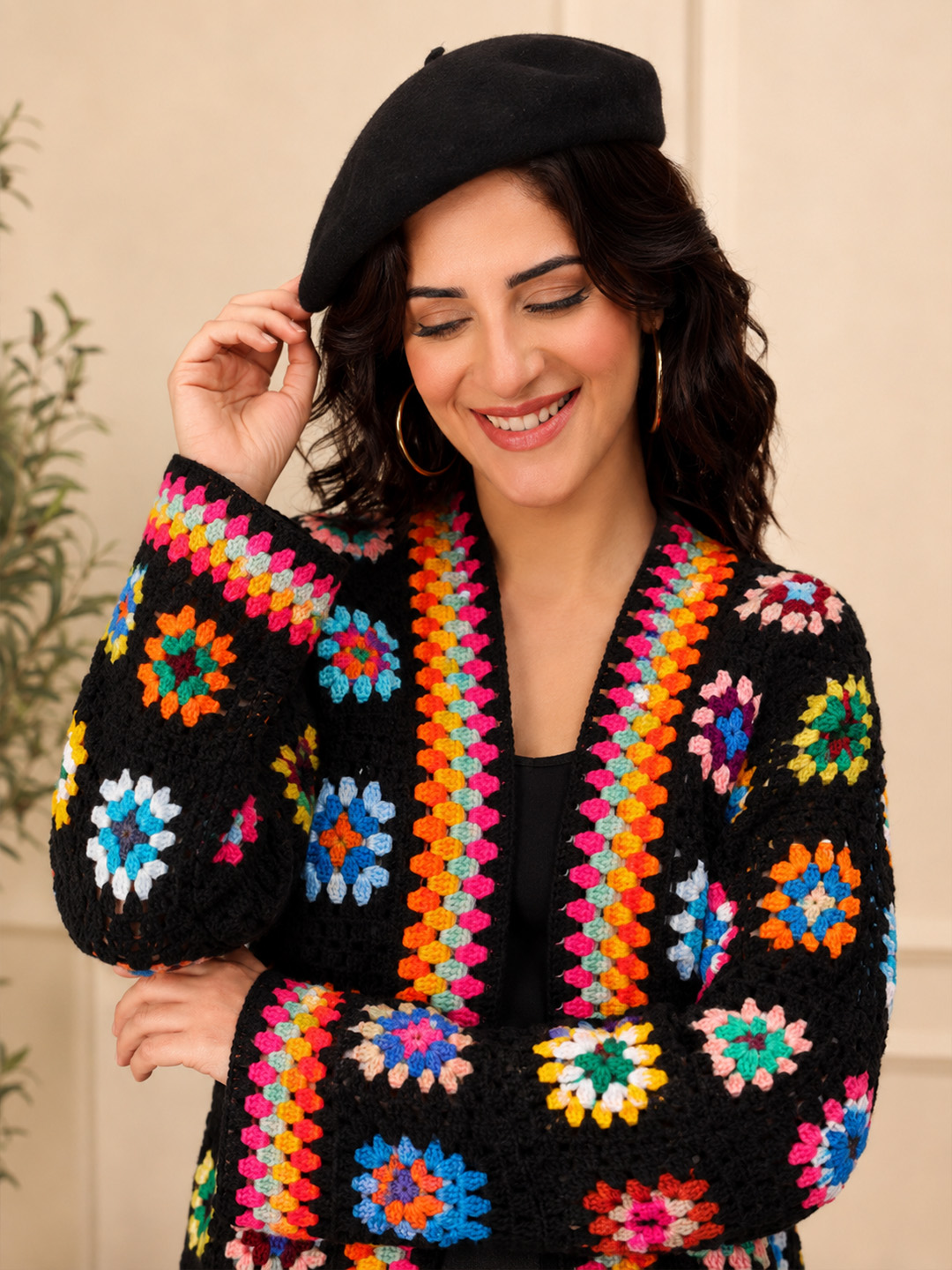 Velvery Crochet Granny Square Long Cardigan - Multicolor