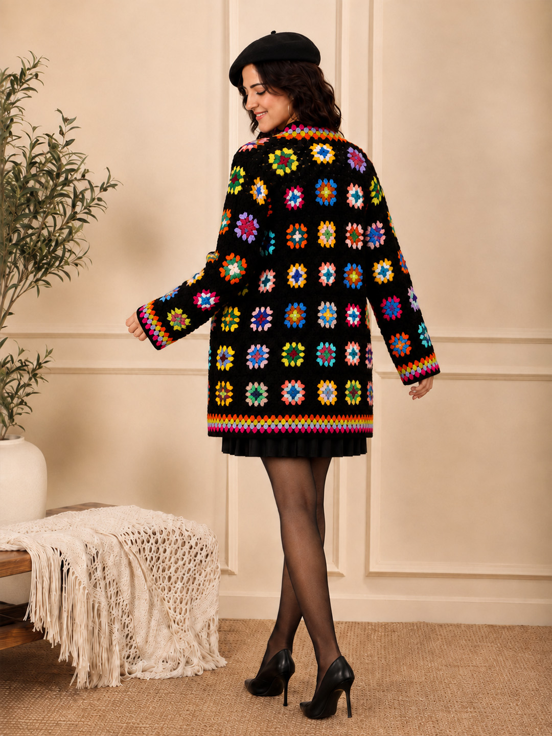 Velvery Crochet Granny Square Long Cardigan - Multicolor