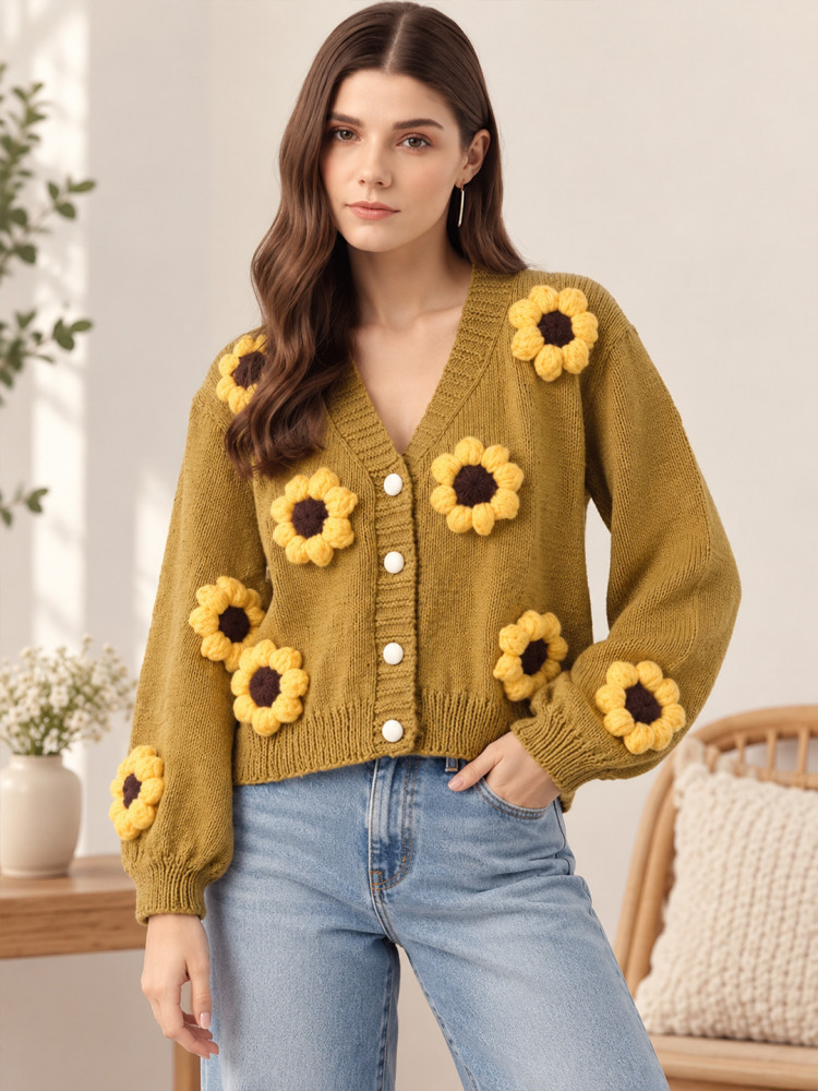 Image of Velvery Knitted 3D Sunflower Applique Cardigan - Mustard