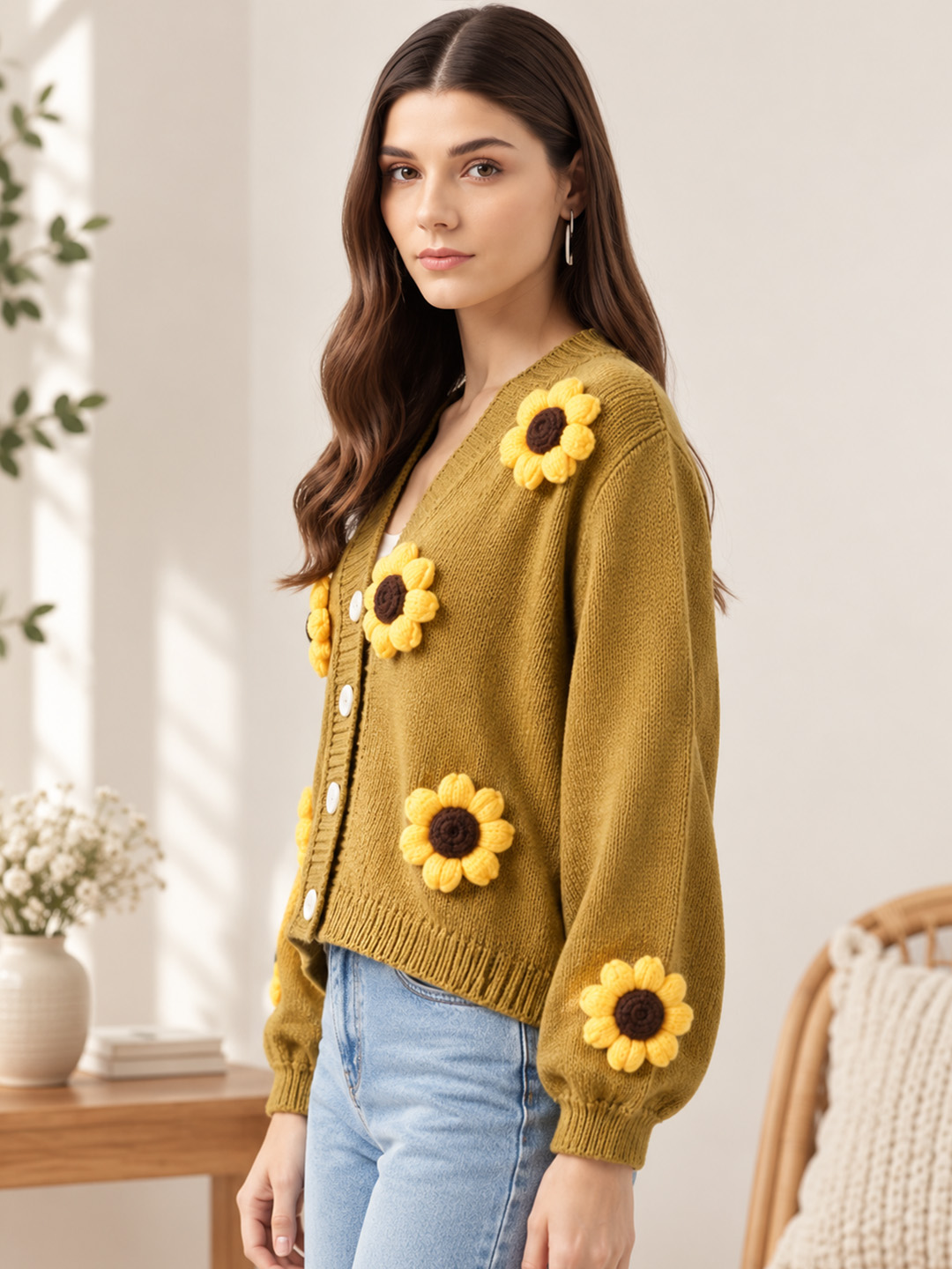 Velvery Knitted 3D Sunflower Applique Cardigan - Mustard