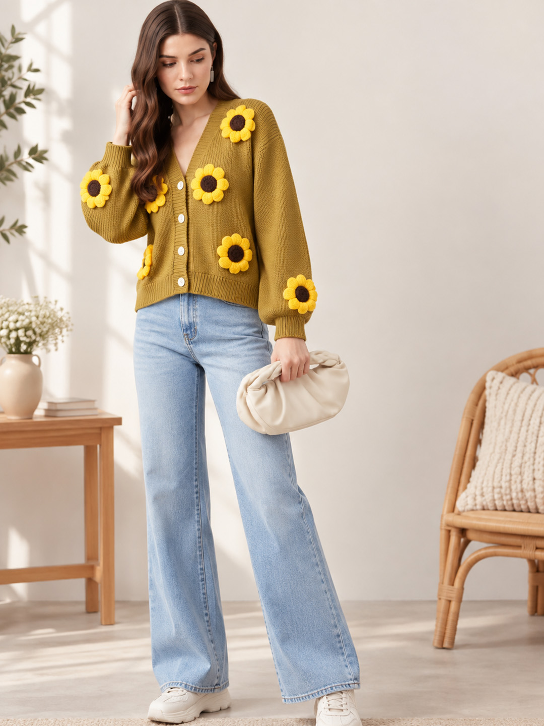 Velvery Knitted 3D Sunflower Applique Cardigan - Mustard