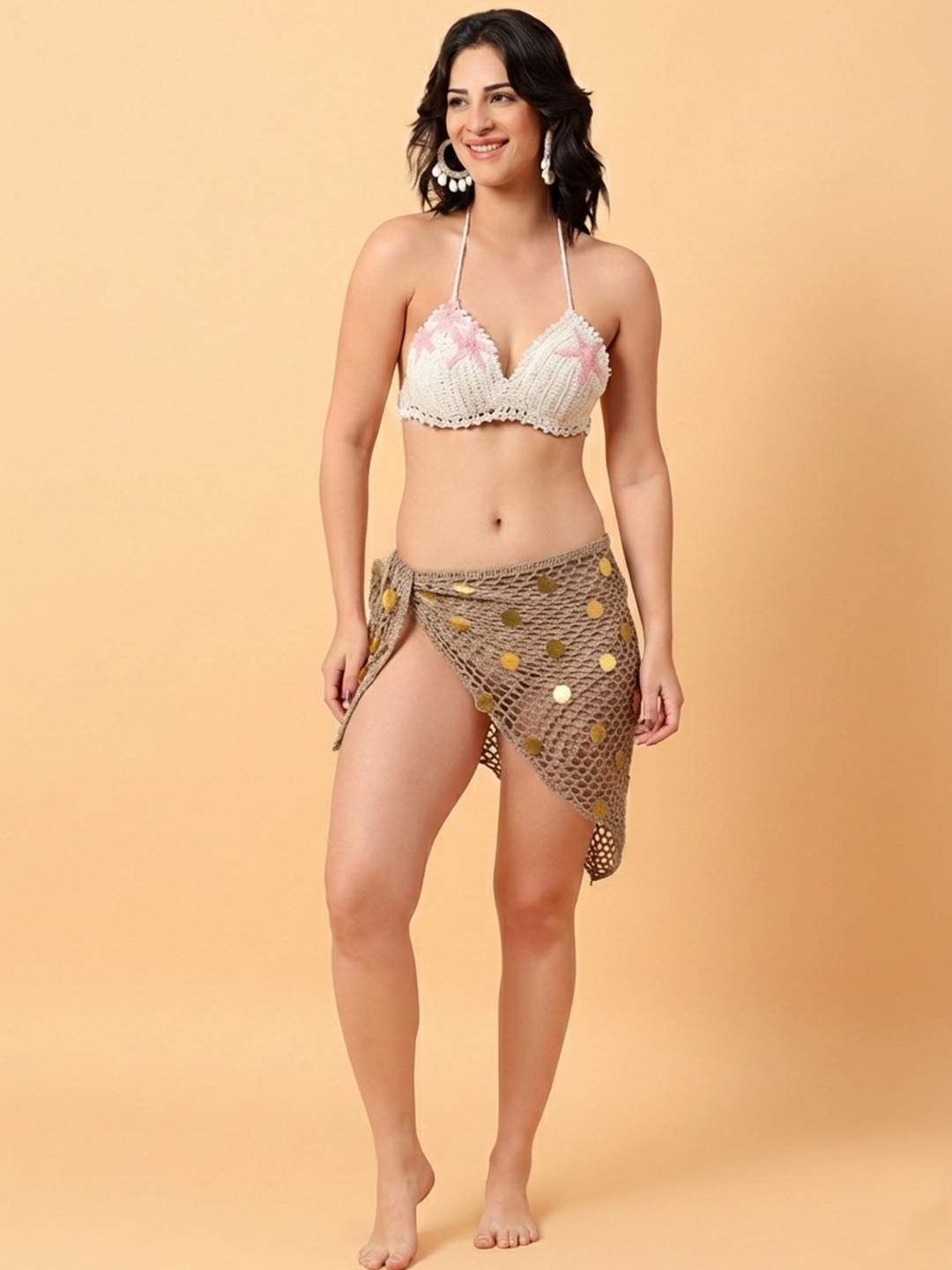 Velvery Crochet Embellished Beachwear Sarong for Women  Beige