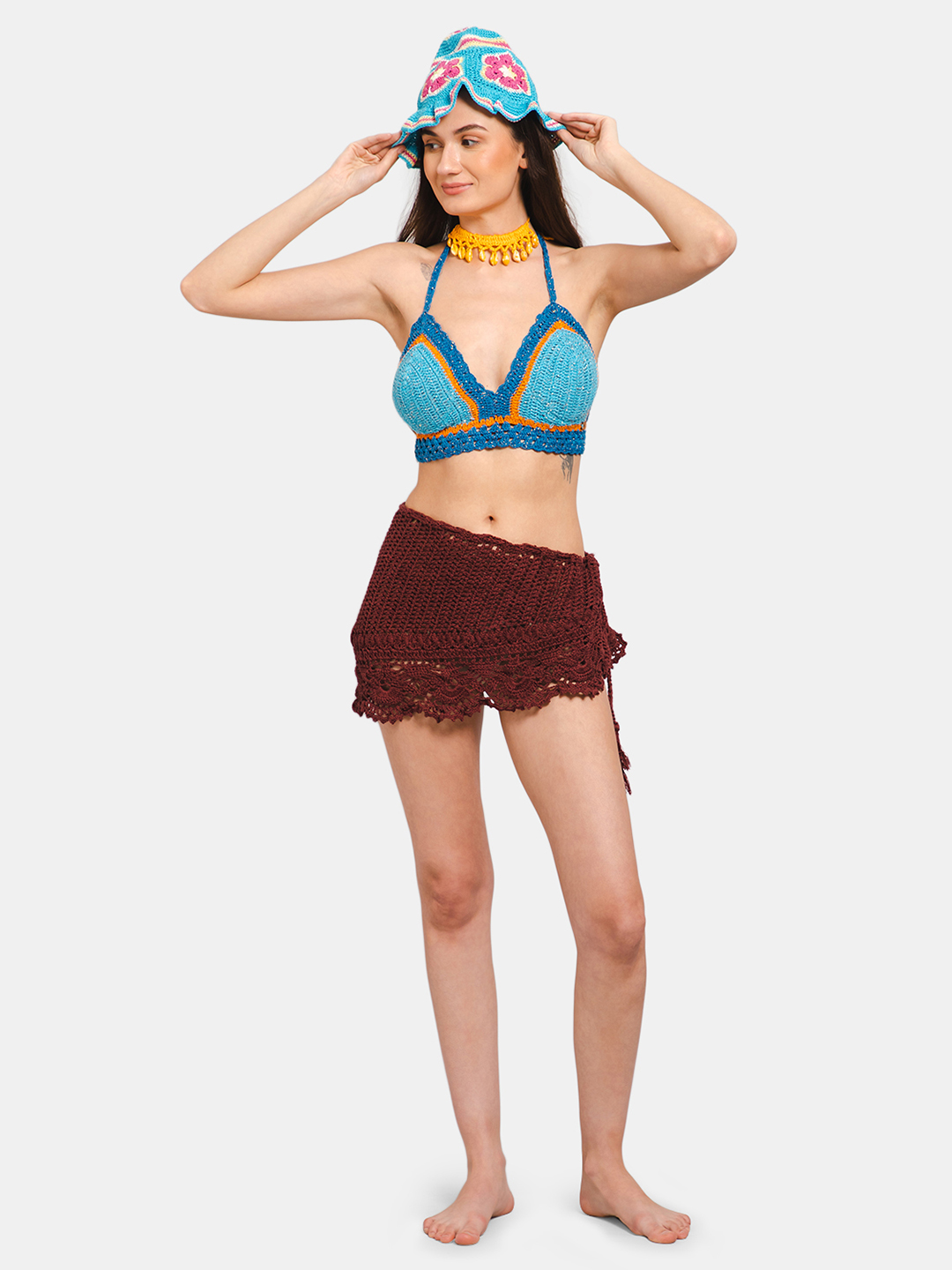 Velvery Crochet Self Design Sarong for Women - Brown