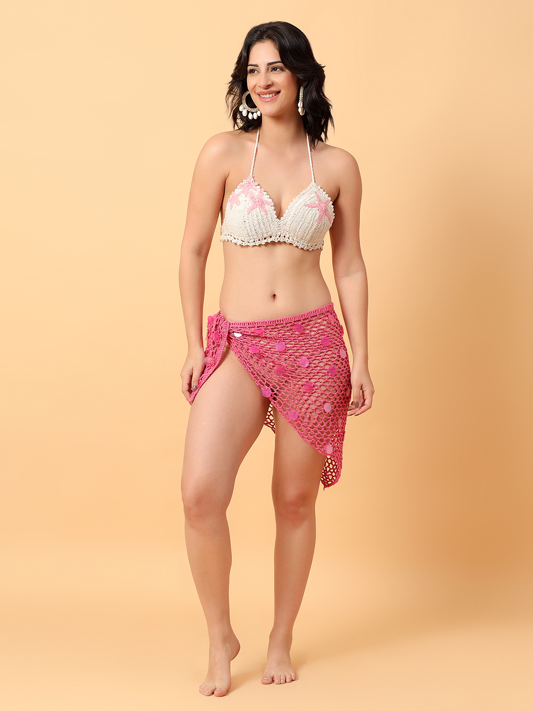 Crochet Embellished Beachwear Sarong for Women - Pink