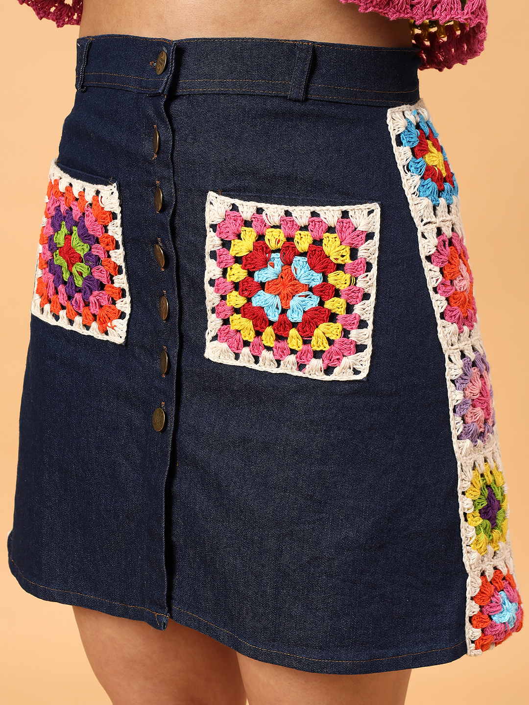 Velvery Crochet Pocket Detailed Denim Skirt  Blue