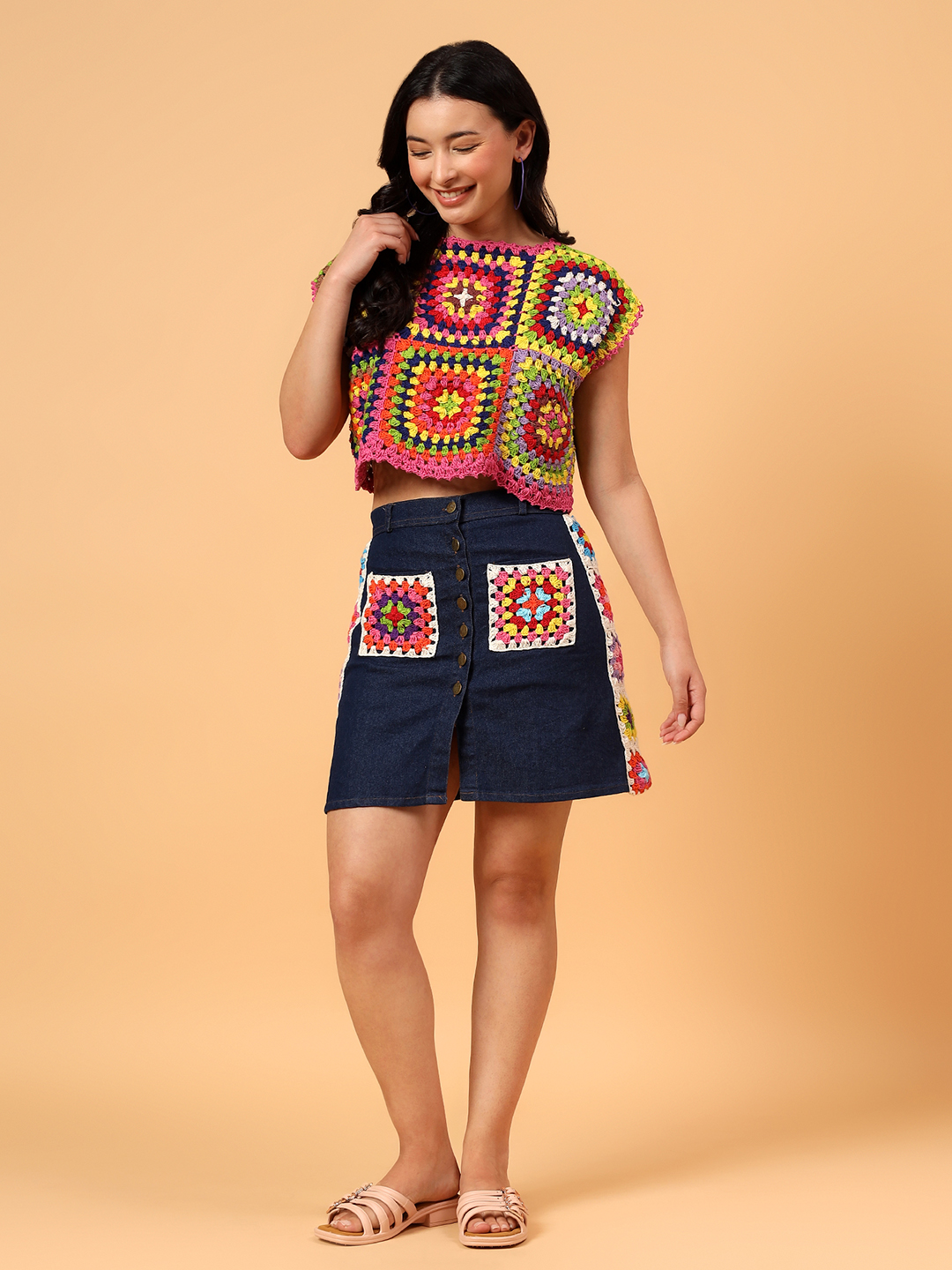 Velvery Crochet Pocket Detailed Denim Skirt  Blue