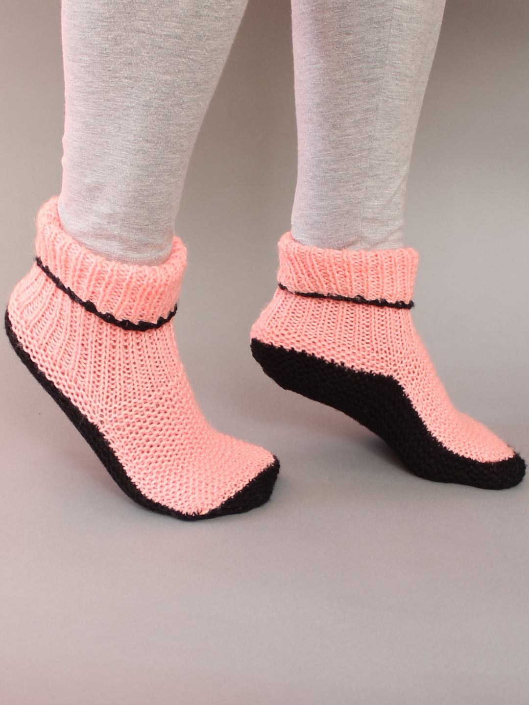 Velvery Handmade Knitted Womens Self Design Ankle Length Socks-Pink