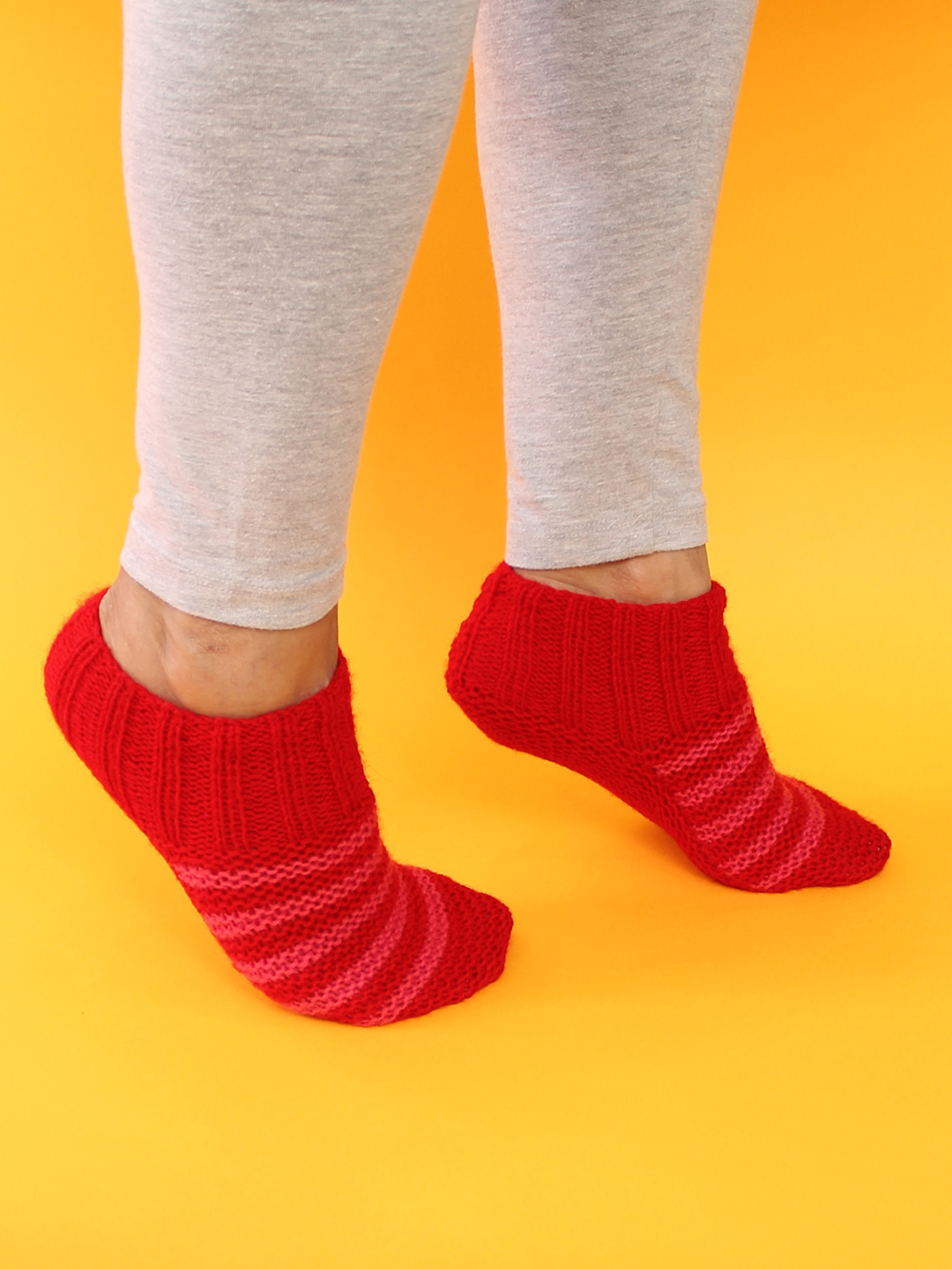 Velvery Handknitted Womens Striped Pattern Socks-Red