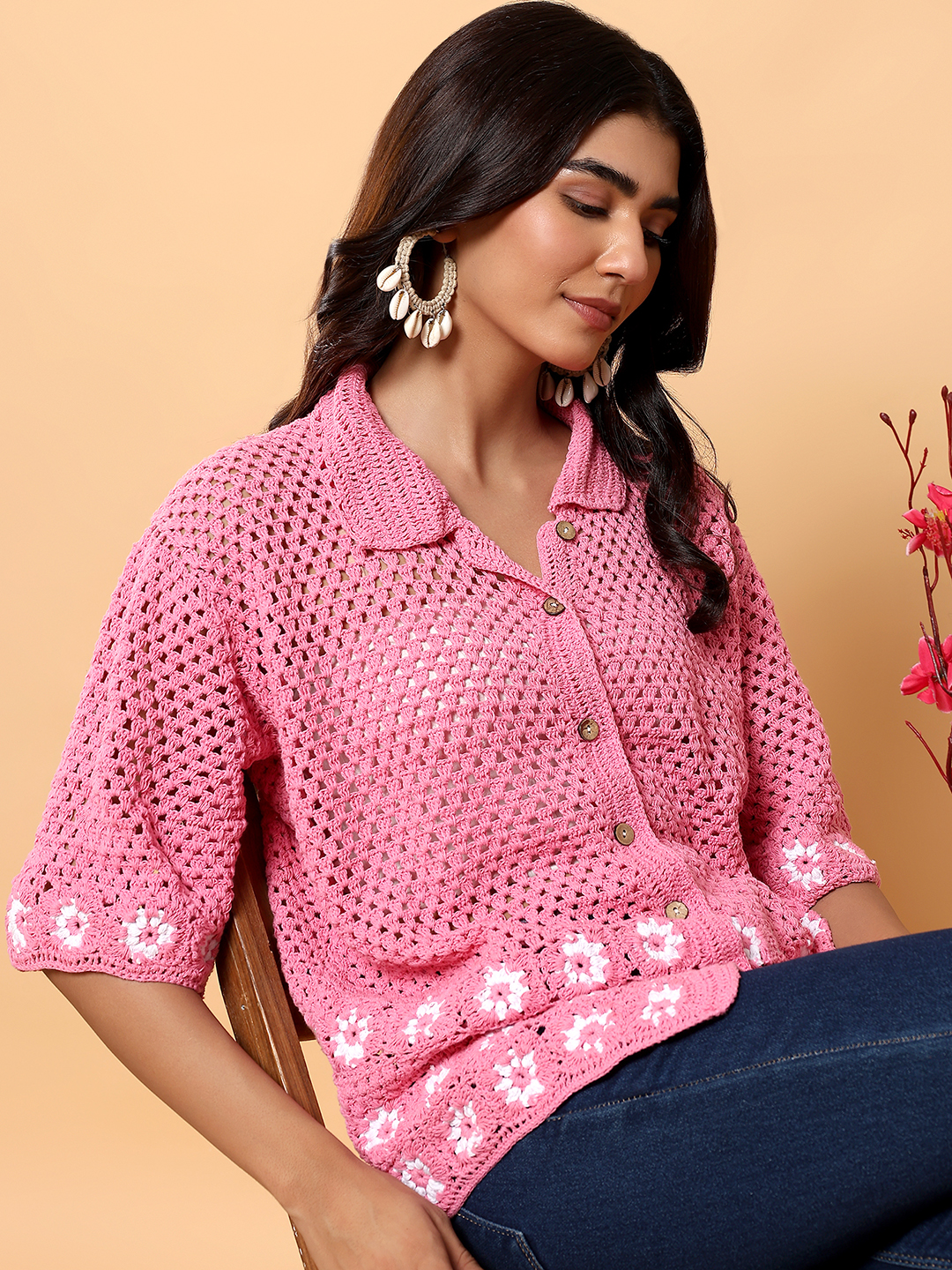 Velvery Daisy Crochet Shirt - Pink