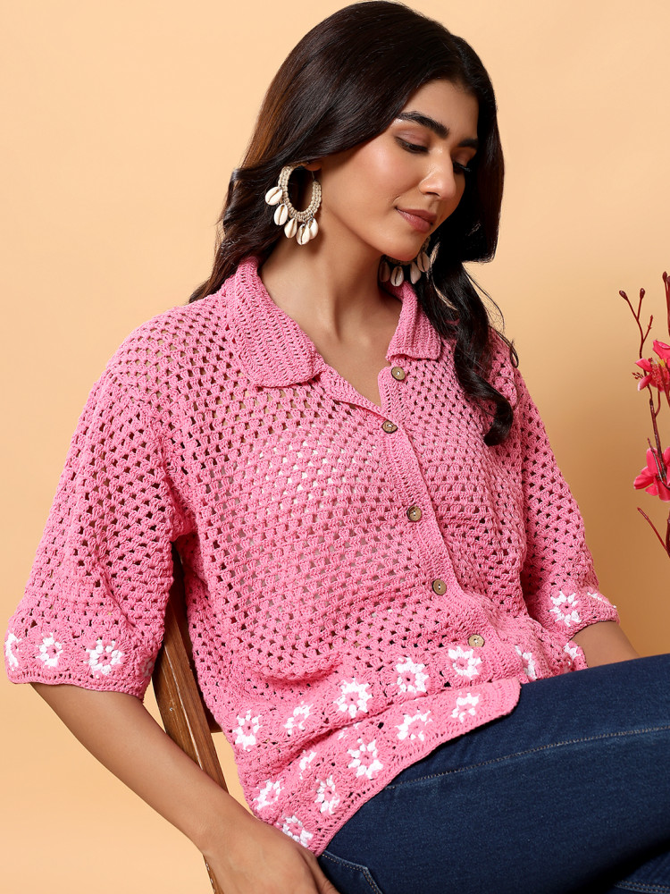 Image of Velvery Daisy Crochet Shirt - Pink
