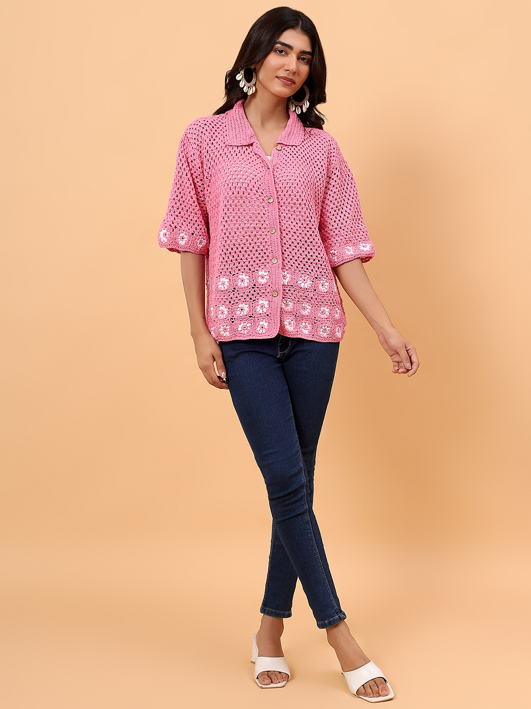 Velvery Daisy Crochet Shirt - Pink
