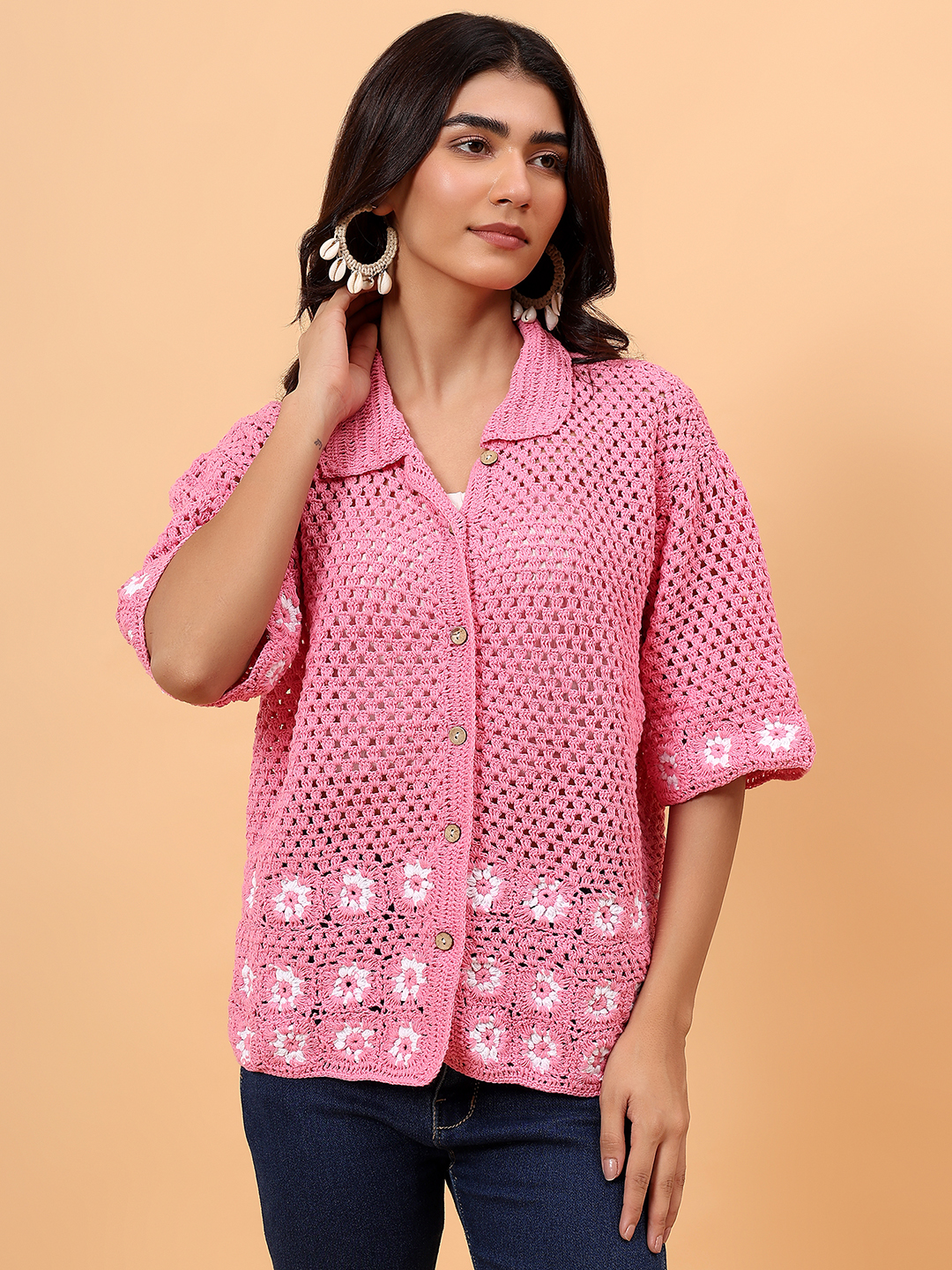 Velvery Daisy Crochet Shirt - Pink