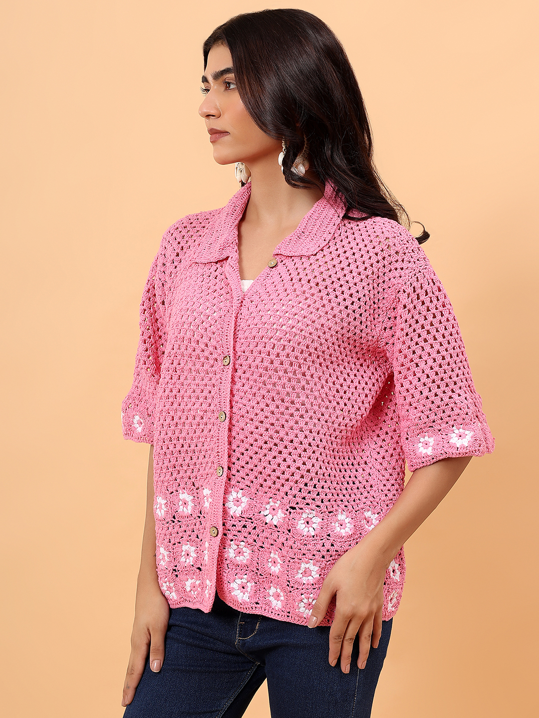Velvery Daisy Crochet Shirt - Pink