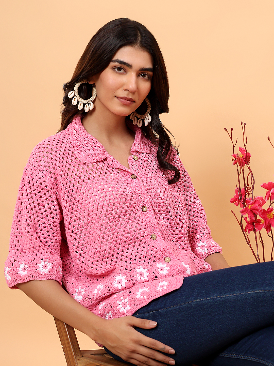 Velvery Daisy Crochet Shirt - Pink