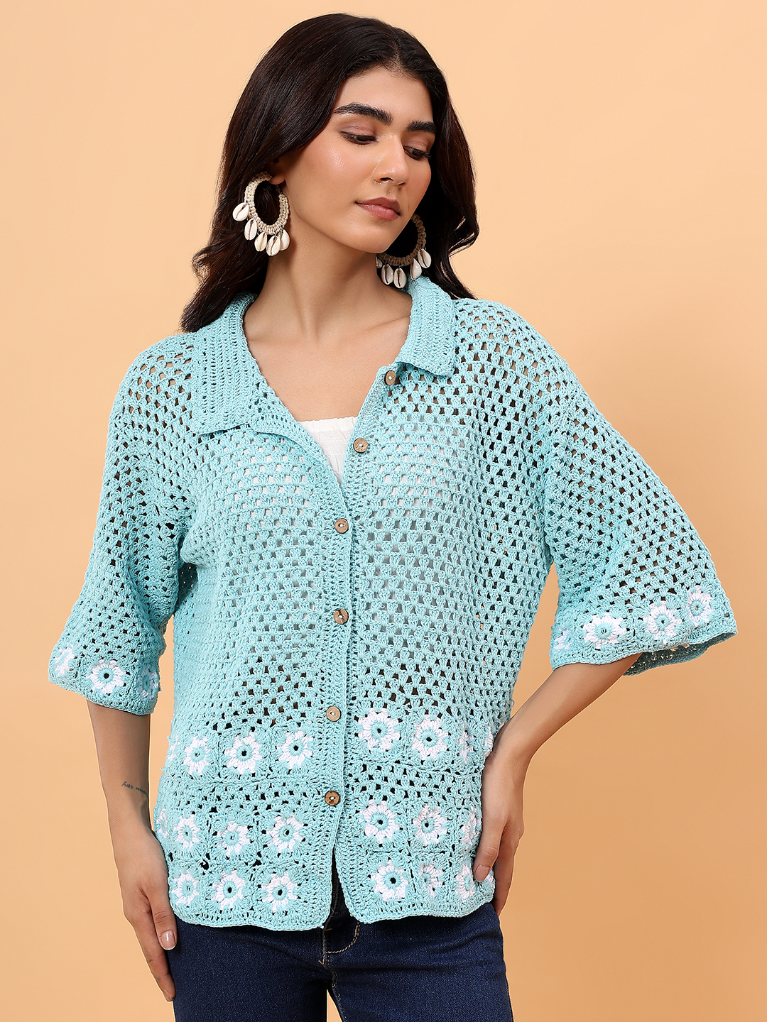 Velvery Daisy Crochet Shirt - Sky Blue