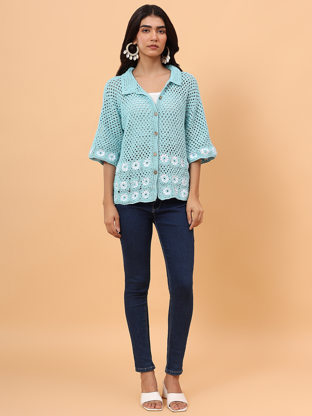 Velvery Daisy Crochet Shirt - Sky Blue