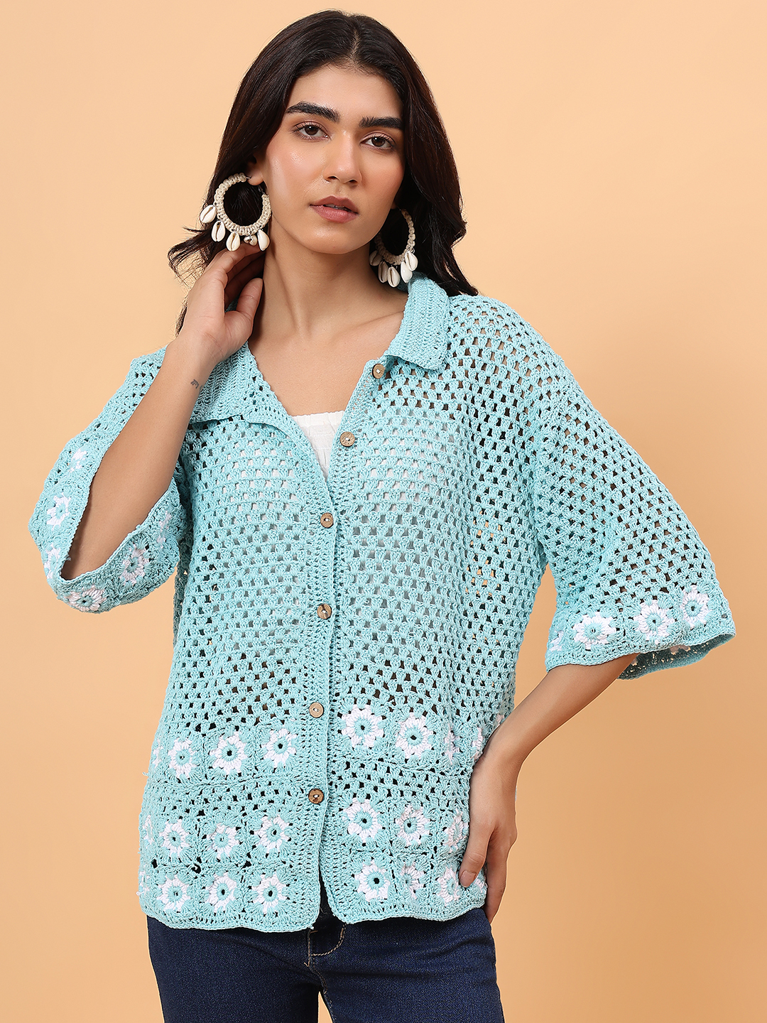 Velvery Daisy Crochet Shirt - Sky Blue