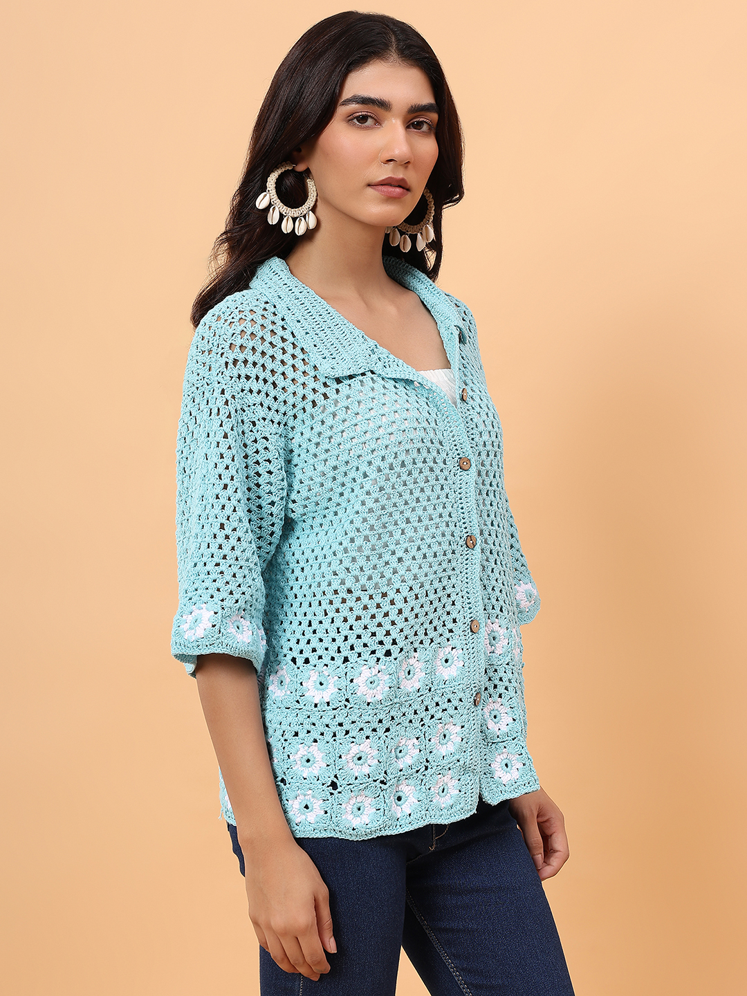 Velvery Daisy Crochet Shirt - Sky Blue