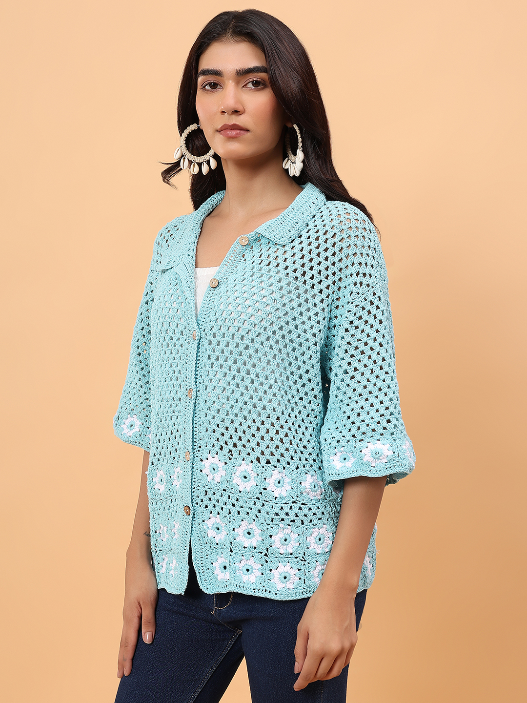 Velvery Daisy Crochet Shirt - Sky Blue
