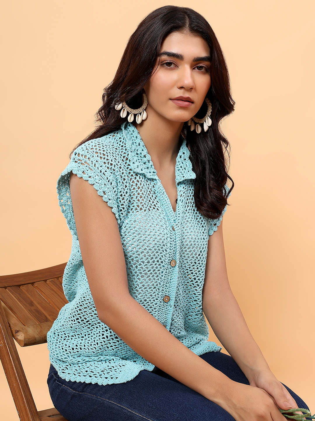 Velvery Mesh Crochet Shirt - Sky Blue