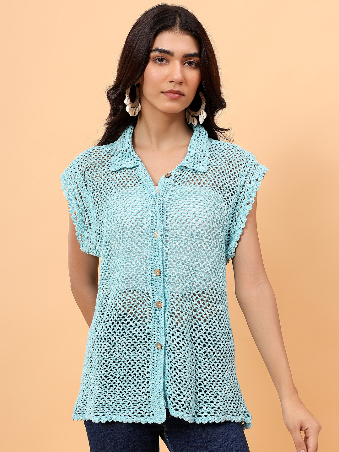 Velvery Mesh Crochet Shirt - Sky Blue