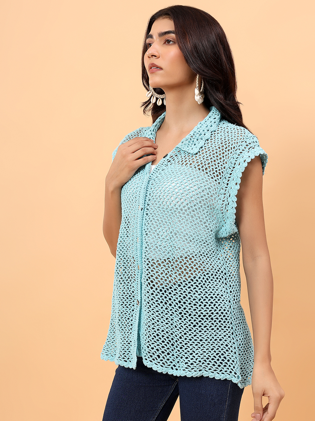 Velvery Mesh Crochet Shirt - Sky Blue