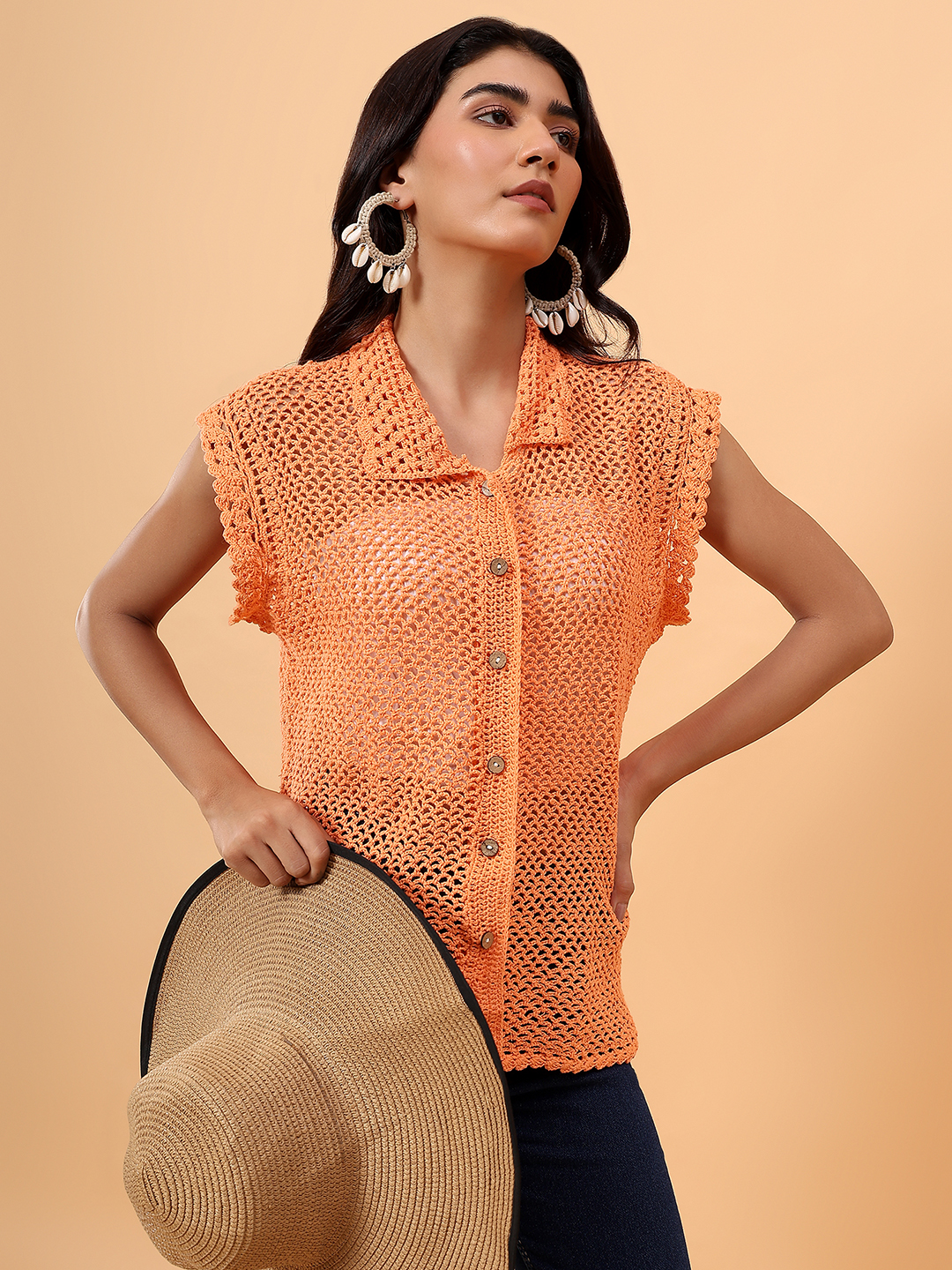 Velvery Mesh Crochet Shirt - Orange